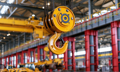 Large Yellow Overhead Crane Hook Hanging inside Modern Industrial Factory