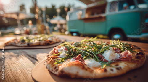Fresh artisan pizza topped with arugula, mozzarella and prosciutto served outdoors near a food truck. Street food festival, summer dining and casual outdoor meal concept.