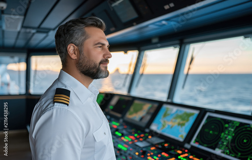 Mature Ship Captain in White Uniform on Navigation Bridge with Ocean View