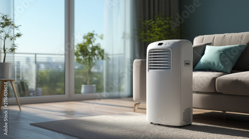 Modern portable air conditioner standing in a bright living room with large windows. Home cooling, indoor comfort, energy-efficient climate control and summer lifestyle concept.
