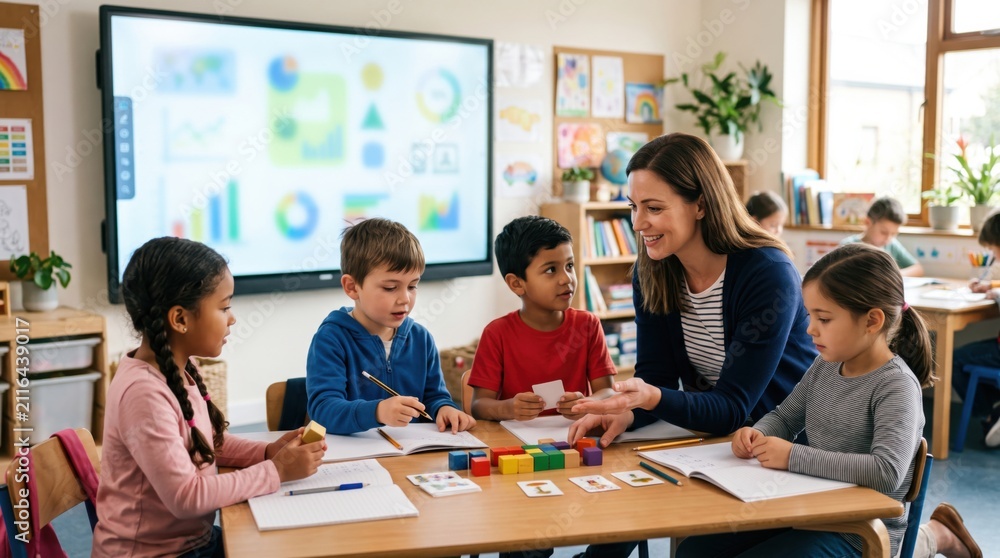 Fototapeta premium Interactive board stays unreadable while pupils use cards and blocks, showing primary school technology as background support for shared discovery today.