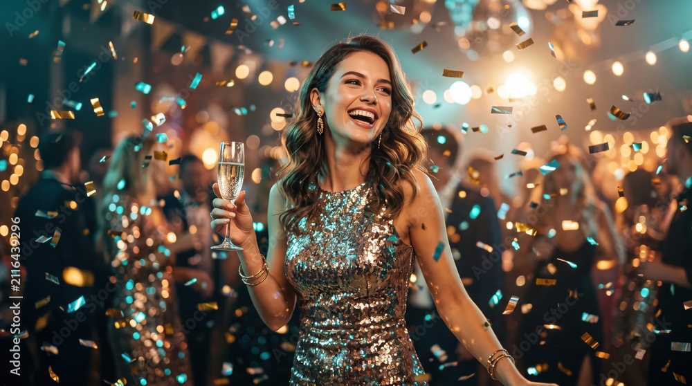 Fototapeta premium Joyful woman in metallic dress celebrating with confetti at a glamorous party for festive design and event promotion