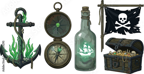 Konstfotografi Halloween Spooky Pirate Vector Elements Set with Ghost Ship Bottle Jolly Roger S