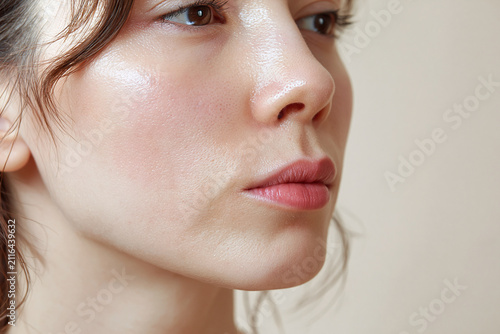 Young woman close up skin texture with natural glow and soft morning light highlighting cheek and lips