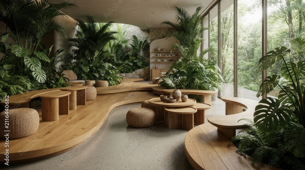 Fototapeta premium Cozy seating areas in a tranquil, eco-friendly lounge space with organic design.