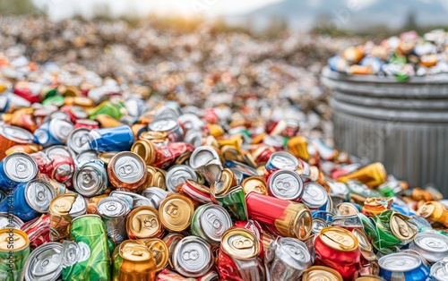 Vast pile of crushed aluminum cans in outdoor recycling yard during daytime