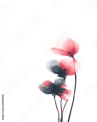 Three delicate watercolor flowers in shades of pink and gray on a white background artistic floral illustration