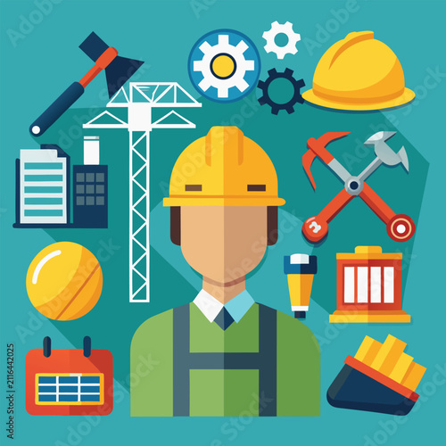 Professional construction engineer icons set with tools and building infrastructure hard hat construction engineer building industry