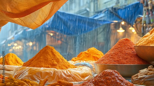 Colorful powdered spices piled high at outdoor market stall in rainy weather