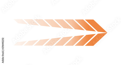 An abstract graphic design depicting an orange arrow formed from stripes, fading to white on the left and sharpening to a point on the right. The design suggests motion, direction, and progress.