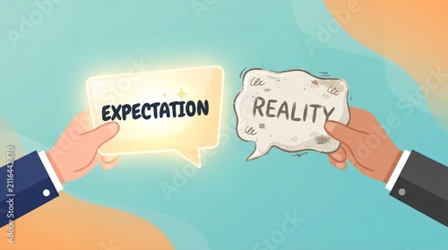 Expectation vs Reality Comparison Concept with Speech Bubbles on White Background
