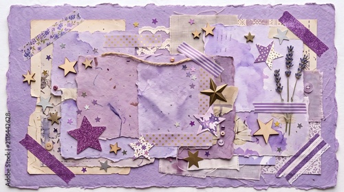 Whimsical purple collage with stars and lavender sprigs, a dreamy craft project with textured papers and washi tape