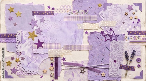 A whimsical collection of purple paper crafts, decorative tapes, and star accents creating a magical, dreamy scrapbook aesthetic