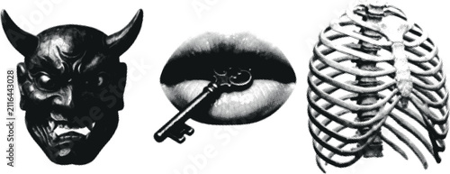 Cuadro en lienzo Halfone devil mask lips with key and ribcage in stark contrast