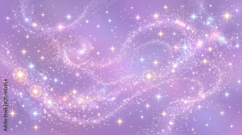 Purple magical sparkly background with glowing stardust waves, glitter dust, and cosmic fairy light particles