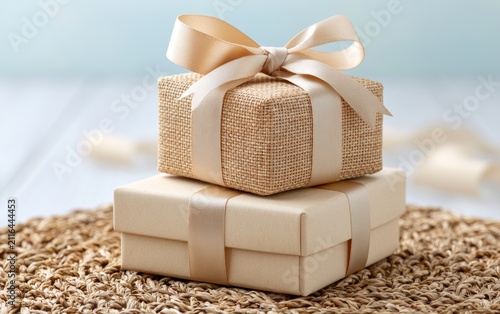 Elegant gift box with textured wrapping and satin ribbon bow on natural mat