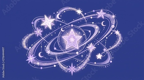 Enchanting Cosmic Dance of Glowing Stars and Orbits Illustrative Design Capturing Celestial Harmony and Mystical Beauty in a Dreamy Universe