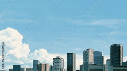 Plakat 水彩タッチで描かれた高層ビル街と開放的な空