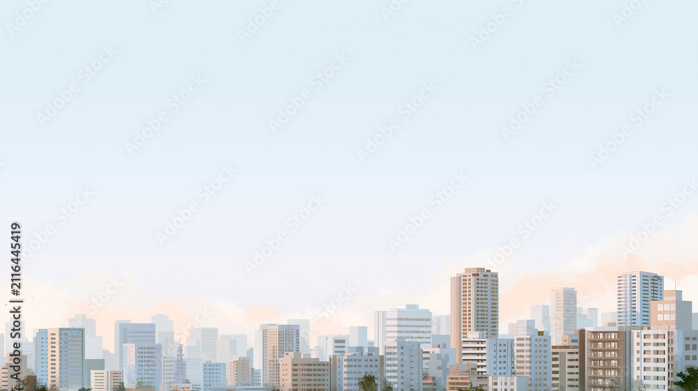 Obraz premium 水彩タッチで描かれた高層ビル街と開放的な空