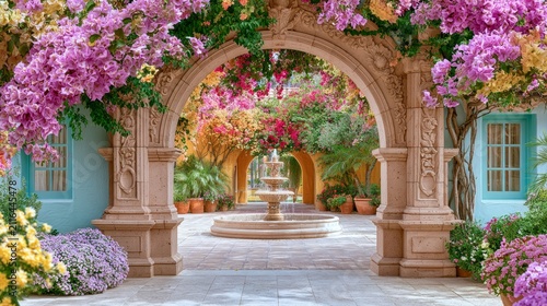 Beautiful Mediterranean garden courtyard with arch flowers and fountain