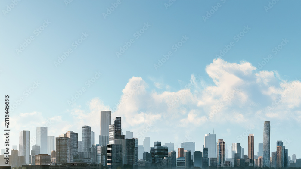 Fototapeta premium 雲の広がる空と高層建築を描いたシティスケープ