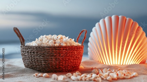 Close-up of basket filled with white small shell on sandy beach with glowing shell lamp