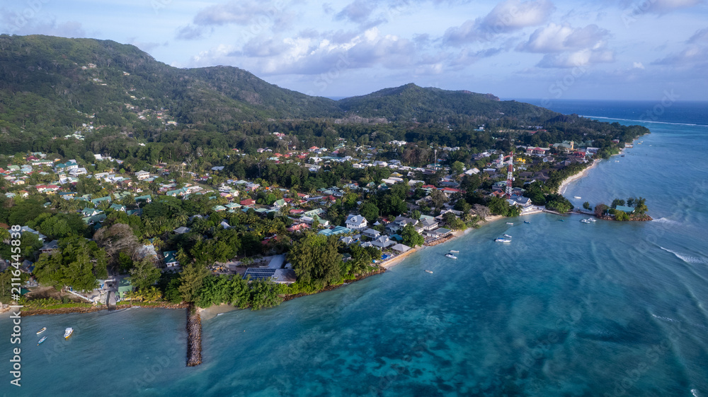 Fototapeta premium La Digue Island Coastline from Above Seychelles