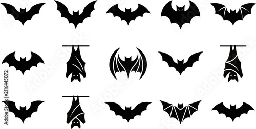 Set of black bat silhouettes for halloween design elements with halloween