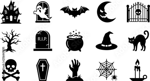 Halloween horror elements and spooky icon set with halloween cemetery cauldron