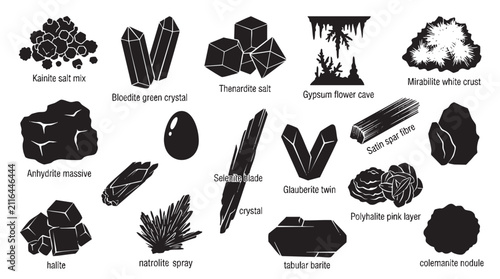 Assortment of mineral and salt crystals with names and descriptions.