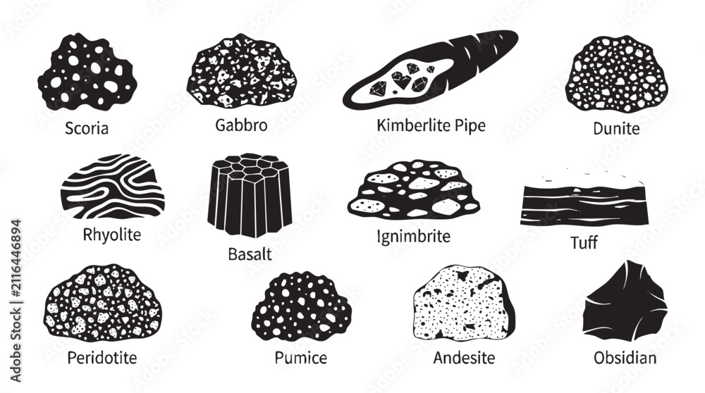 Obraz premium Igneous rock types vector illustration set, various geological rock formations and mineral compositions.
