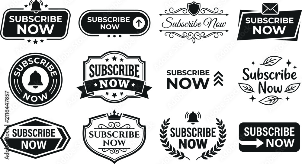 Obraz premium Set of twelve subscribe now web button UI elements with subscribe, interface