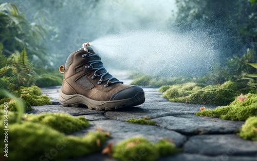 Brown hiking boot with laces spraying water mist on stone path outdoor