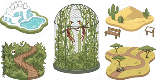 Foto Zoo Infrastructure and Animal Enclosure Vector Illustration Set with Aviary Dese