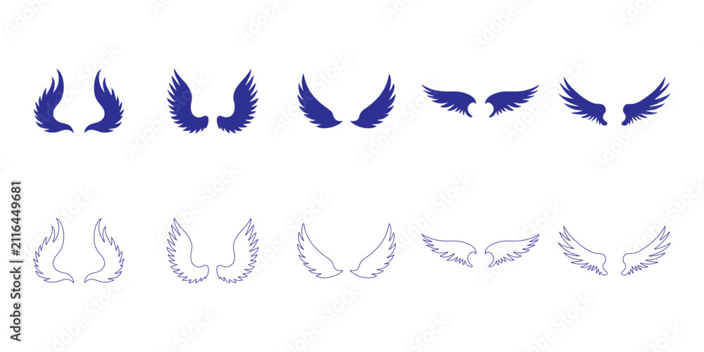 Naklejka premium Collection of stylized wing icons in various abstract shapes and line patterns. White feather designs and angel wing symbols on transparent background. 