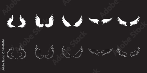 Collection of stylized wing icons in various abstract shapes and line patterns. White feather designs and angel wing symbols on transparent background. 