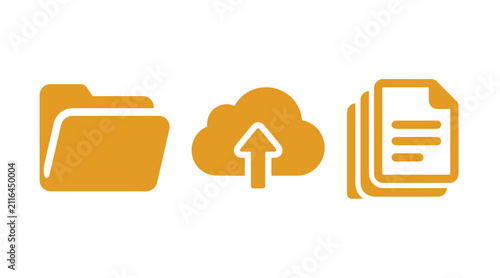 Obraz na płótnie Digital file management and cloud storage icon set featuring a folder a cloud with an upload arrow a stack of document pages documents database computing internet