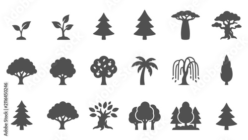 Set of various black tree and forest icons showing different plant species and growth stages Vector