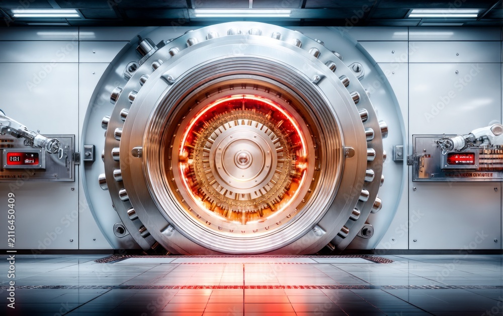 Fototapeta premium Advanced futuristic vault door with glowing orange core in high-tech facility
