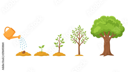 Watering can helping a small seed grow into a large green tree in stages Vector