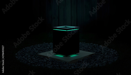 Glowing futuristic cube on a pedestal. Abstract digital box with neon light technology.