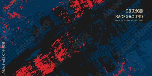Artistic background with gouache brush strokes, gritty texture with halftone dots and distressed ink smears. Abstract horizontal template for sport banner, presentations and web design. Vector.