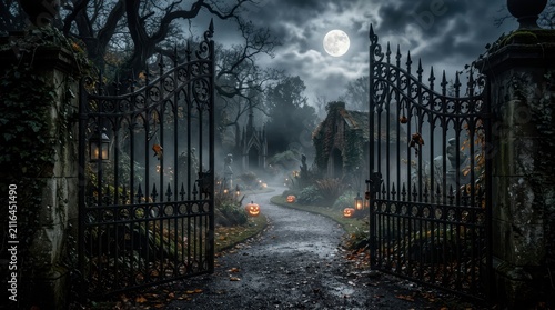 Gothic gates revealing misty garden