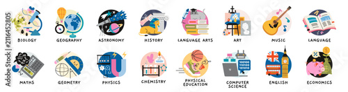 Set of colorful school subject icons like biology, geography, maths, physics and others. Educational arts for classrooms, textbooks and learning materials. Flat vector illustrations isolated on white