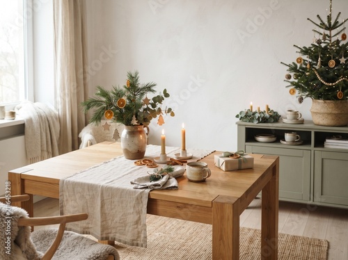 Festive Christmas table setting with evergreen arrangement and lit candles
