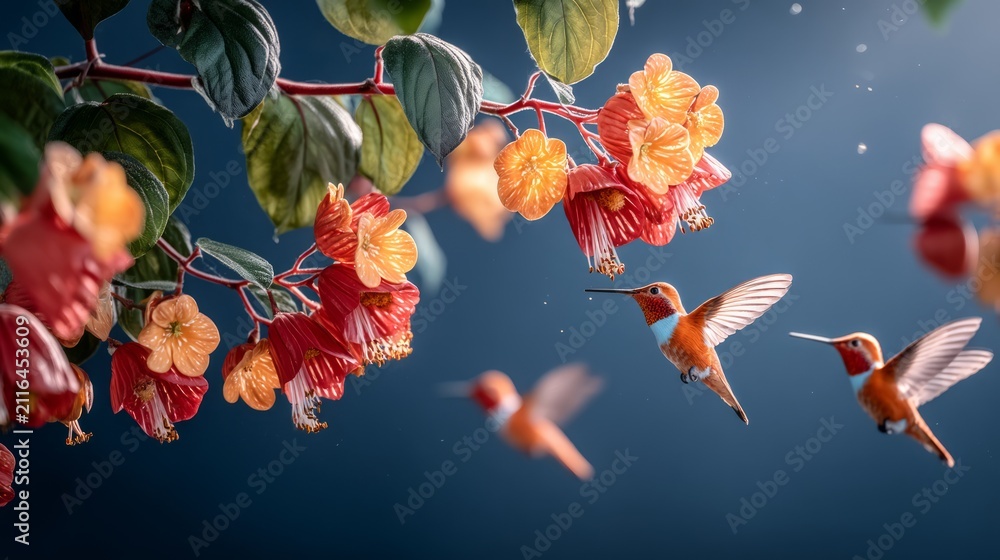 Fototapeta premium Bright hummingbird feeding on orange and red flower in natural garden setting