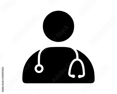 Simple black and white icon of a doctor with stethoscope around neck isolated design