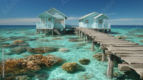 Tropical clear water with wooden jetty and two blue beach houses on stilts