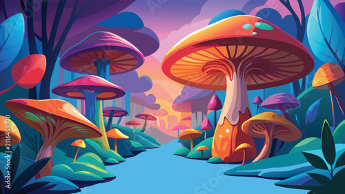 Quadro su tela Whimsical forest path with vibrant surreal mushrooms during a colorful twilight
