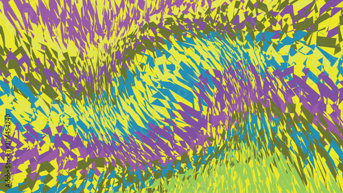 Obraz na plátně Dynamic digital artwork showing chaotic interwoven jagged shapes in vibrant yellow blue and purple hues creating rhythmic flowing wave movement